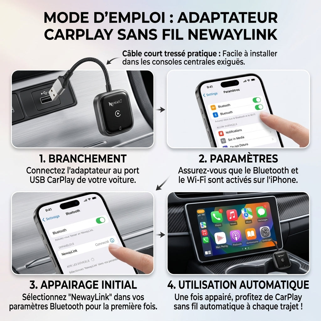 Adaptateur CarPlay Sans Fil NewayLink avec Câble USB