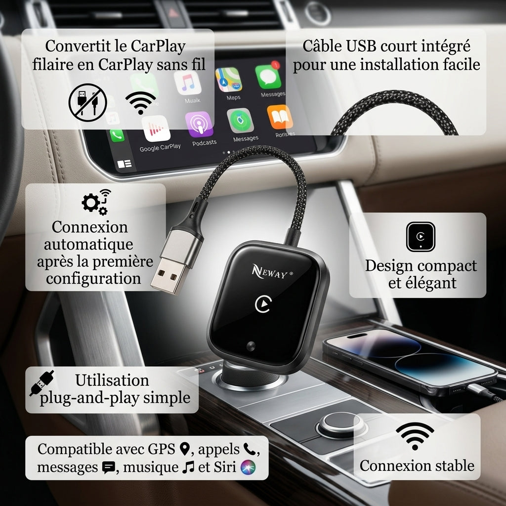 Adaptateur CarPlay Sans Fil NewayLink avec Câble USB